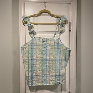 NWT J. Crew Blue Seersucker Ruffle Strap V Neck Lightweight Pajama Top Size XL